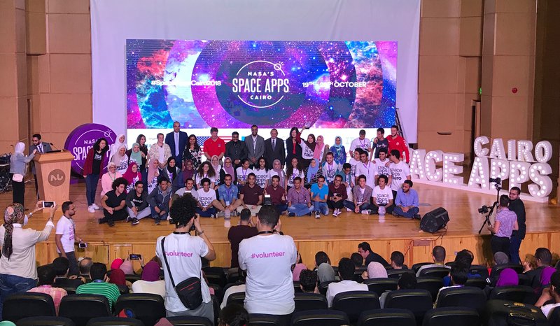The stage is packed with this year's #SpaceAppsCairo2018 local winners and global nominees.