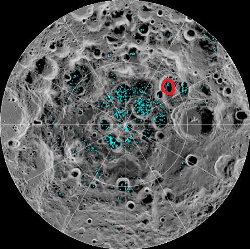 Presence of water in the selected landing site (credit: NASA images). Blue dots represent water ice on the surface of the Moon.