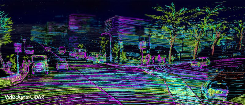LiDAR map of a city road, made by a self-driving car sensor