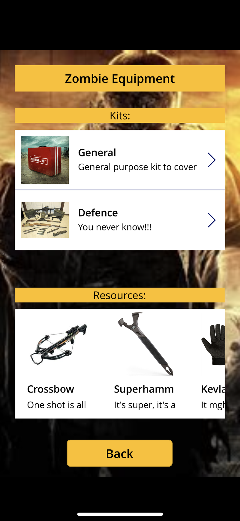 Kit and resources recommended to survive the event