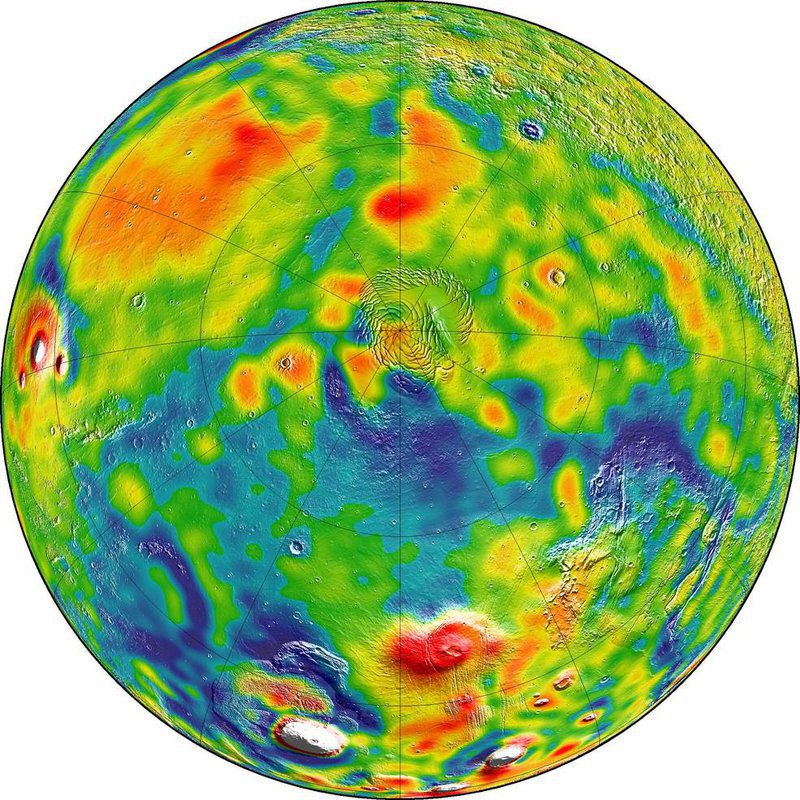 A map of Martian gravity looking down on the North Pole (center). White and red are areas of higher gravity; blue indicates areas of lower gravity.