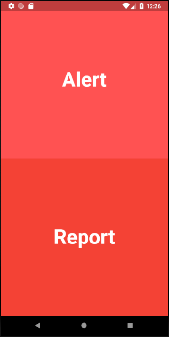 First page . Press alert to report fire in your location. Or press report to choose another location from the map
