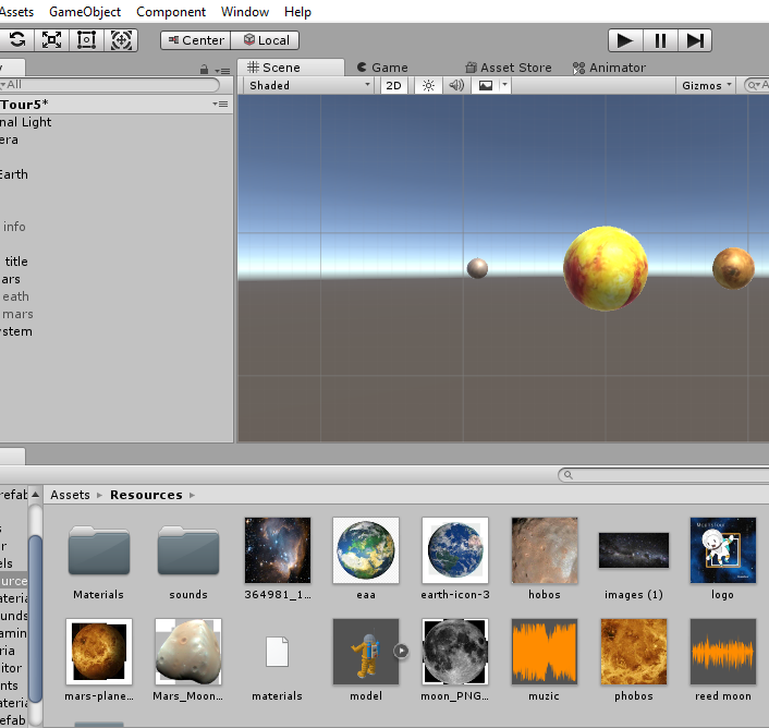 Working on Mars and its moons on unity editor