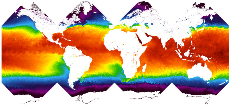 "GHRSST L4 MUR Sea Surface Temperature", layer fetched from GIBS and processed for use as a 3D texture.