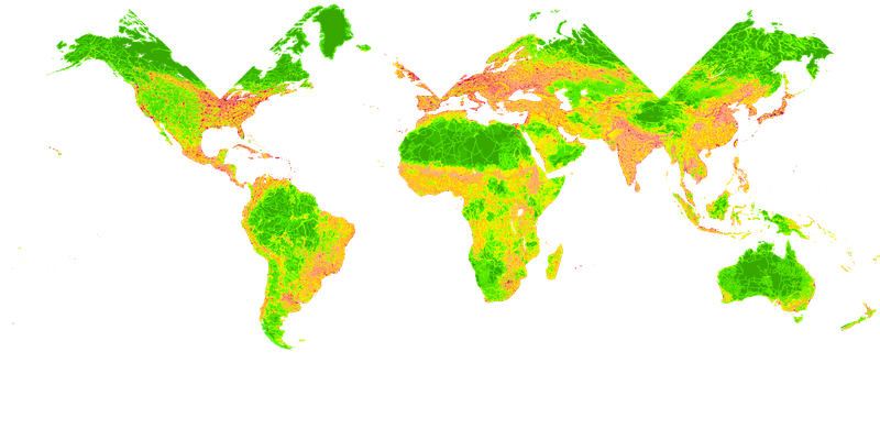 "Human Footprint 1995-2004", layer fetched from GIBS and processed for use as a 3D texture